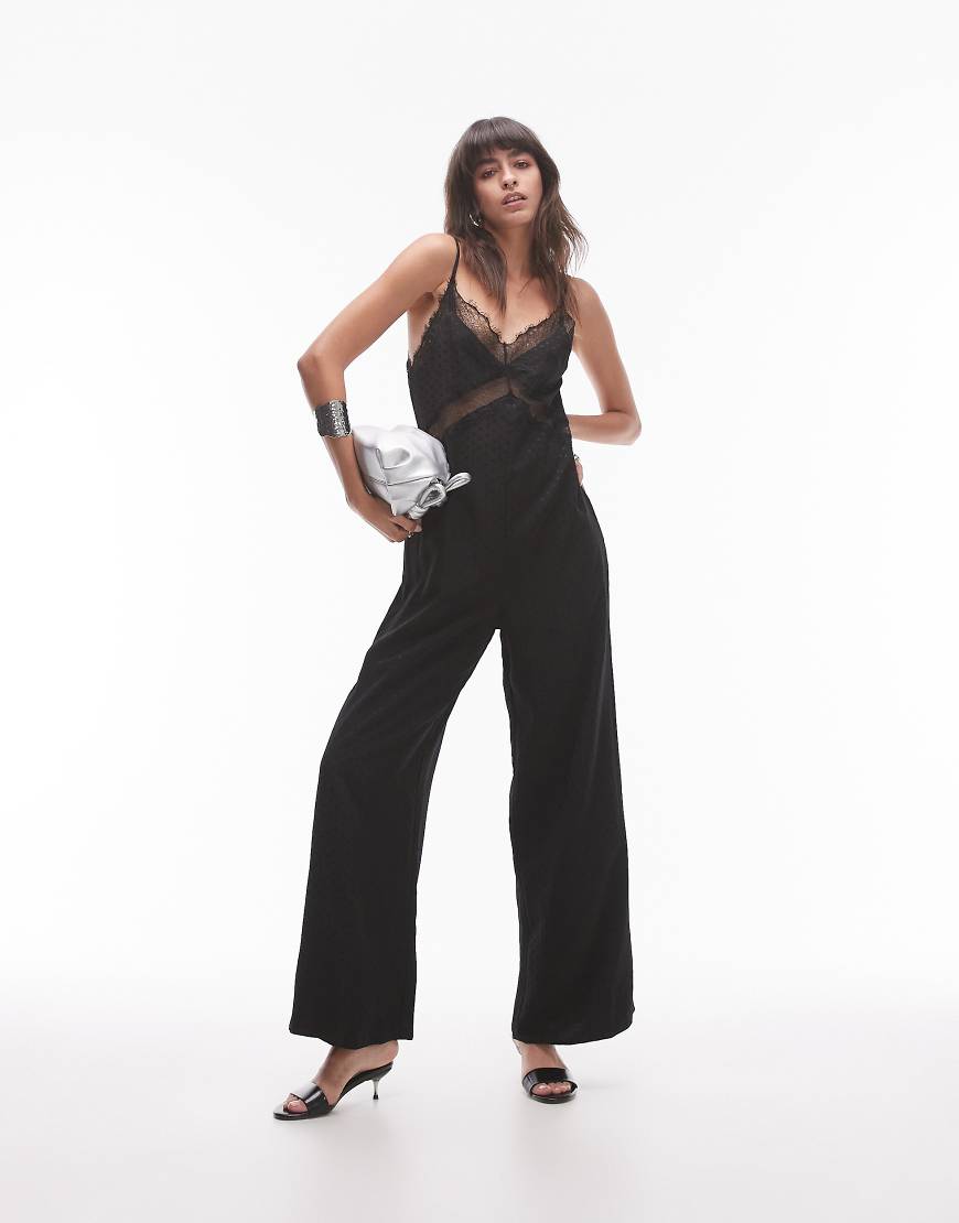 Topshop - Midi-Jumpsuit aus Jacquard in Schwarz mit Spitzeneinsatz an der Brust von Topshop