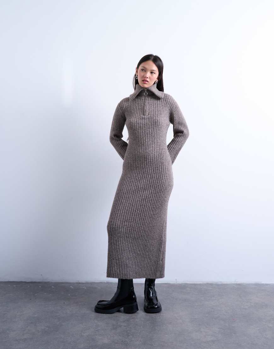 Topshop - Midi-Strickkleid in Braun mit Ring-Reißverschluss-Brown von Topshop