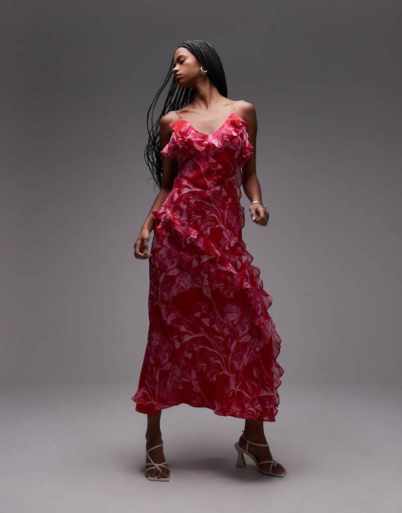 Topshop - Midi-Trägerkleid in Rosa mit Rüschen und abstraktem Blumenmuster von Topshop