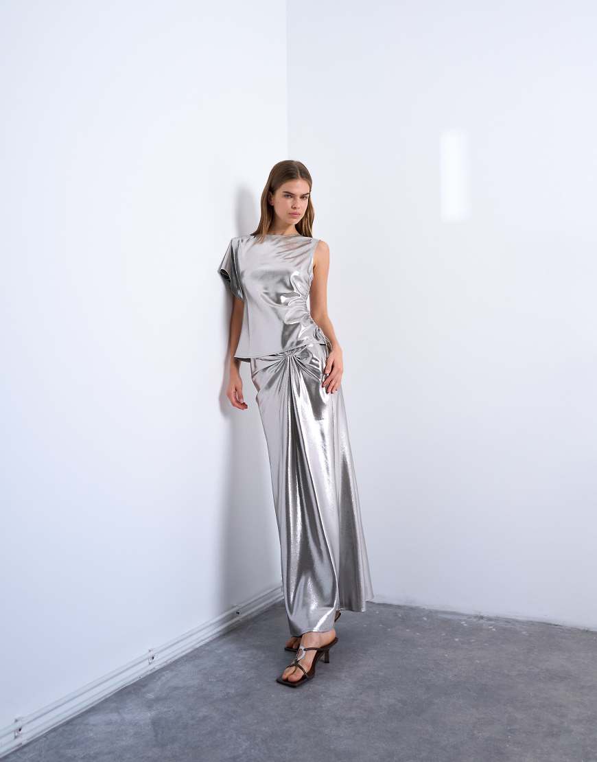 Topshop - Midirock in Metallic-Silber mit Zierknoten von Topshop