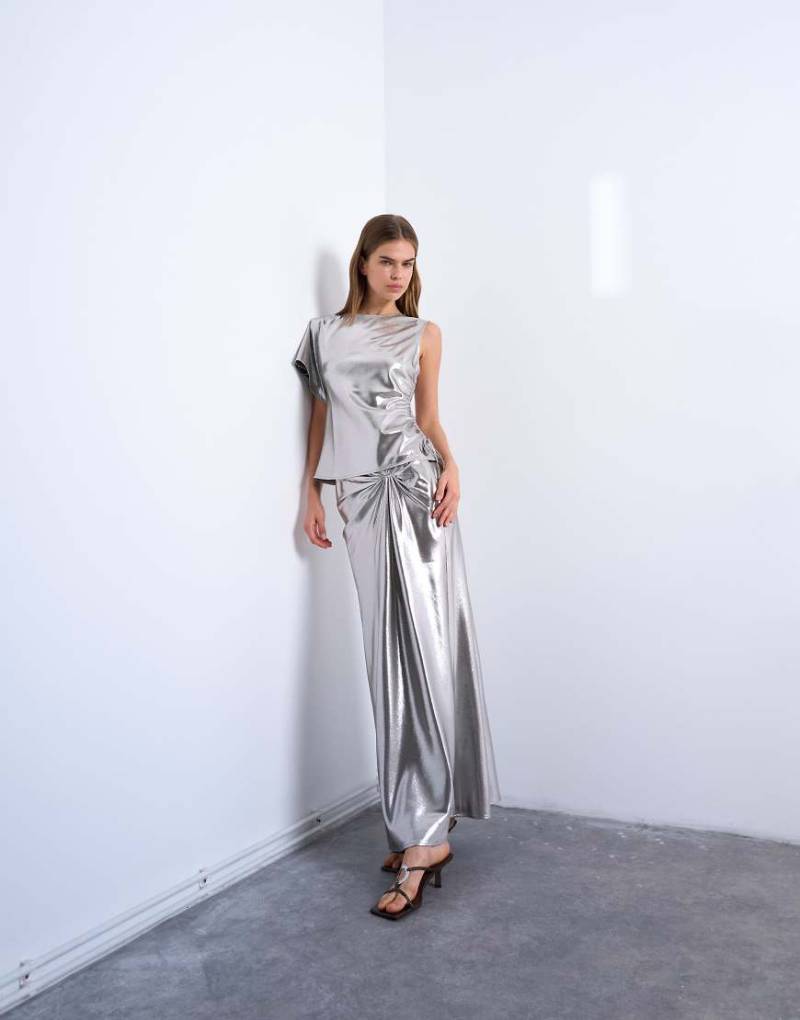 Topshop - Midirock in Metallic-Silber mit Zierknoten von Topshop