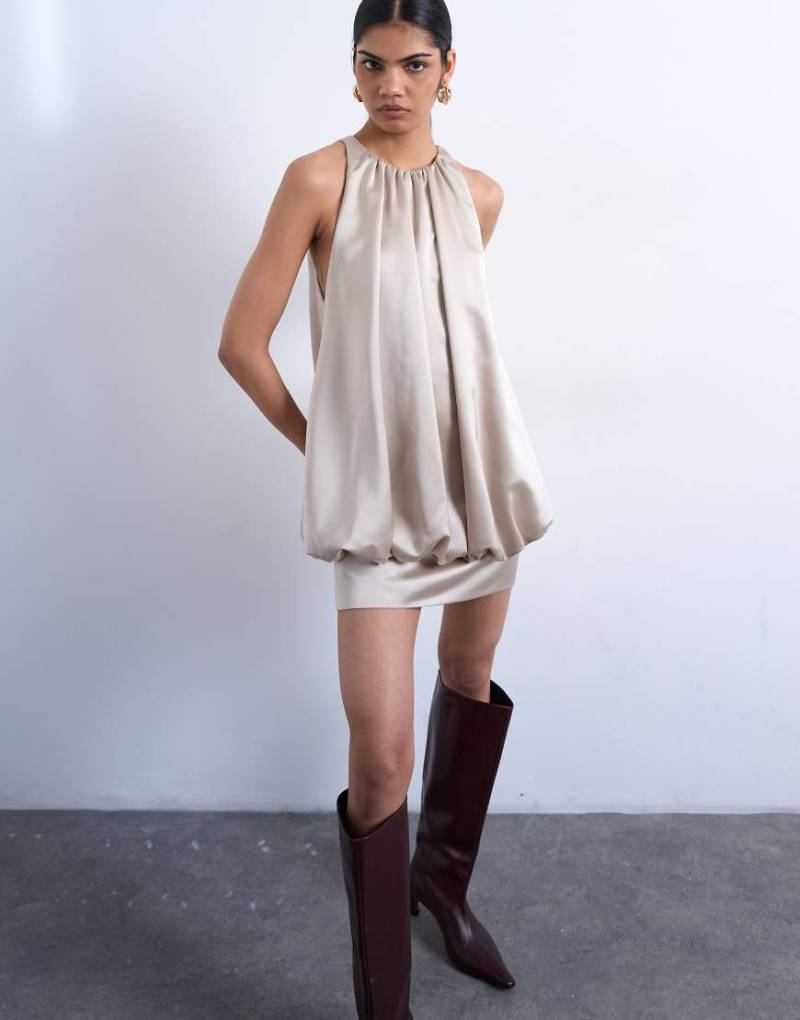 Topshop - Minikleid aus Satin-Twill in Austerngrau mit Ballonsaum von Topshop