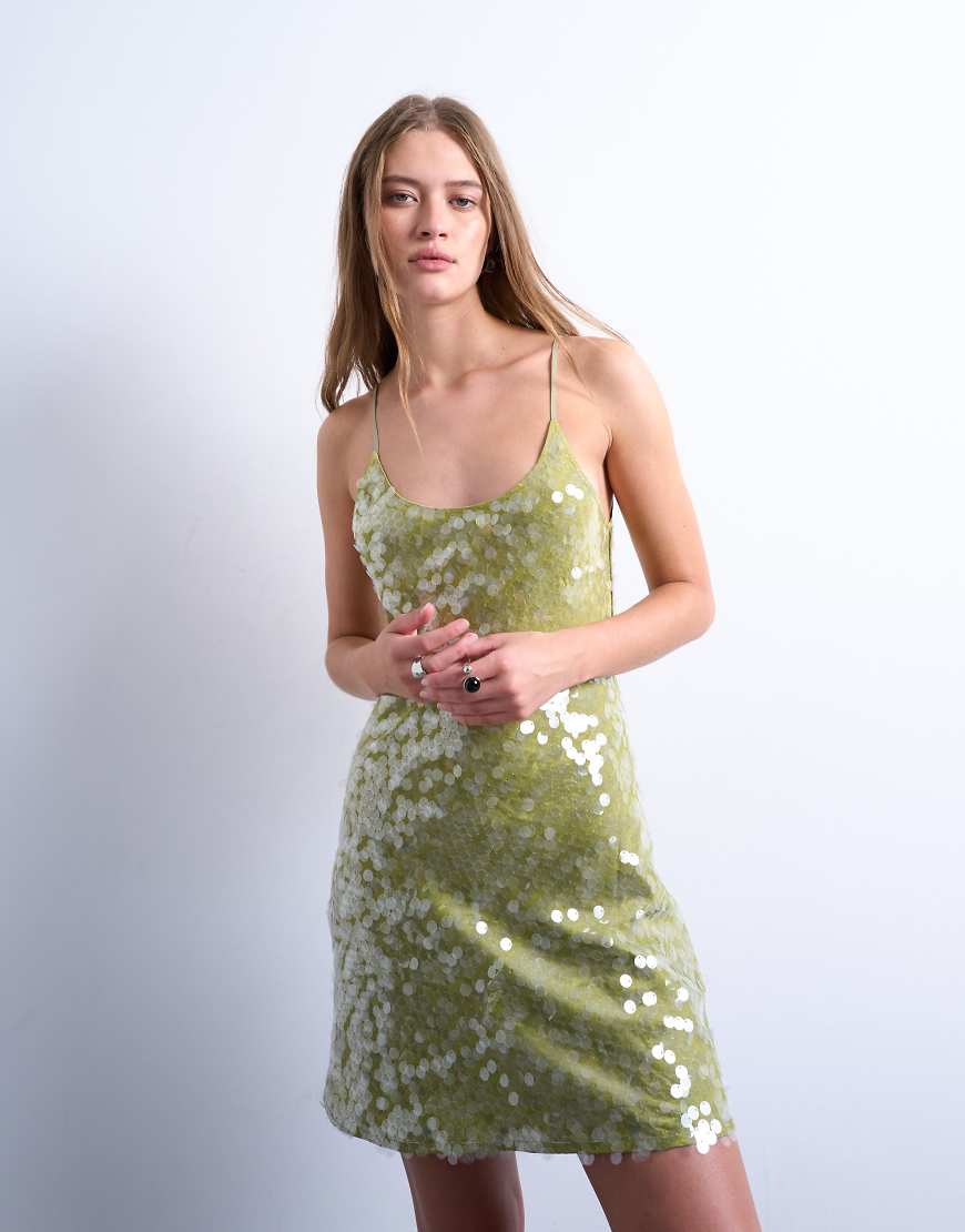 Topshop - Minikleid in Avocadogrün mit U-Ausschnitt und Pailletten von Topshop