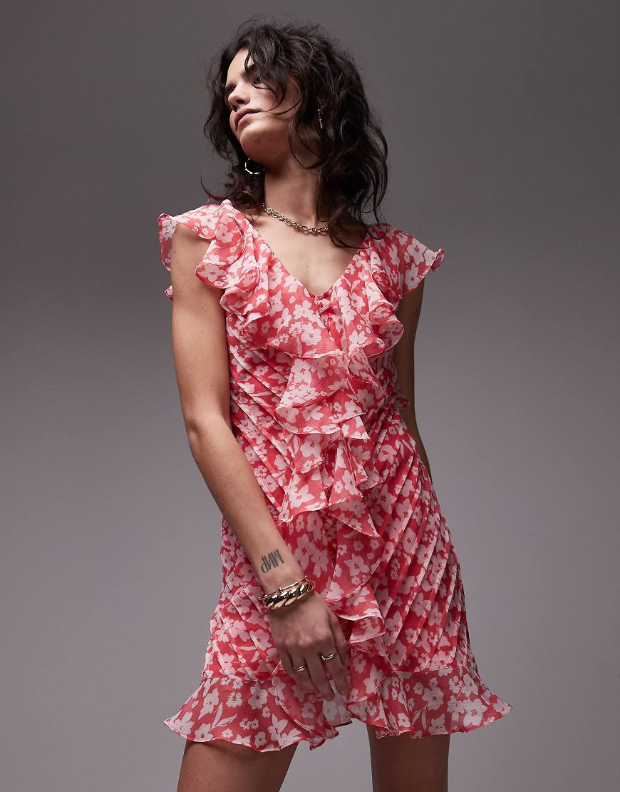 Topshop - Minikleid mit Rüschen, Biesen und rosa Blumenmuster von Topshop