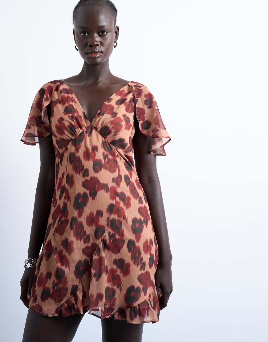 Topshop - Minikleid mit modernem Print, Godetsaum und Cape-Ärmeln-Brown von Topshop