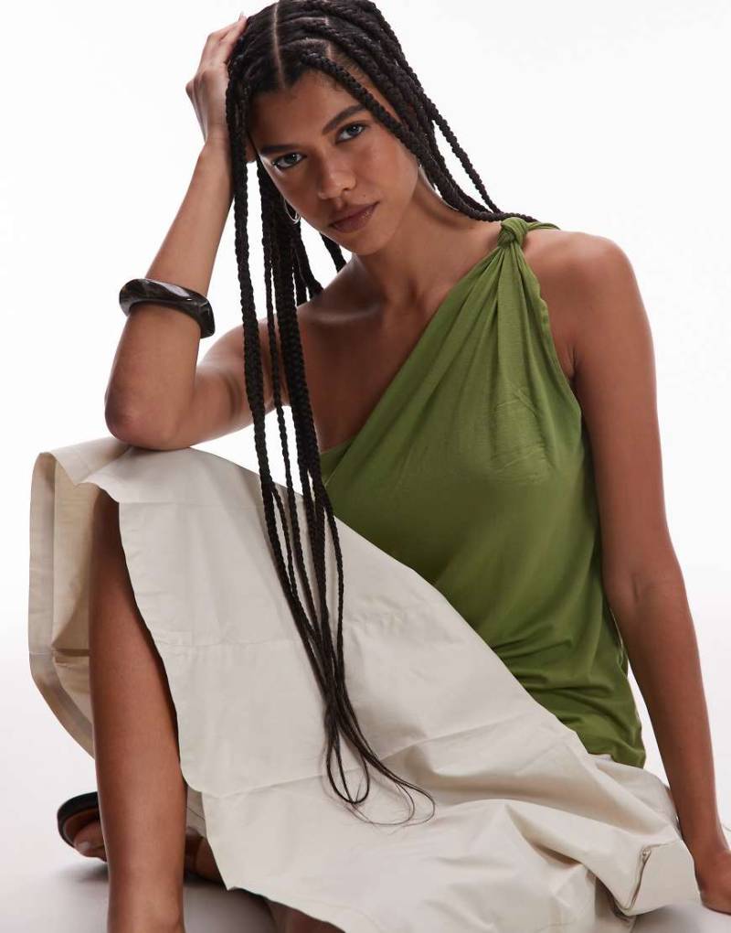 Topshop - Oberteil in Khaki mit One-Shoulder-Träger und Knotendetail-Grün von Topshop