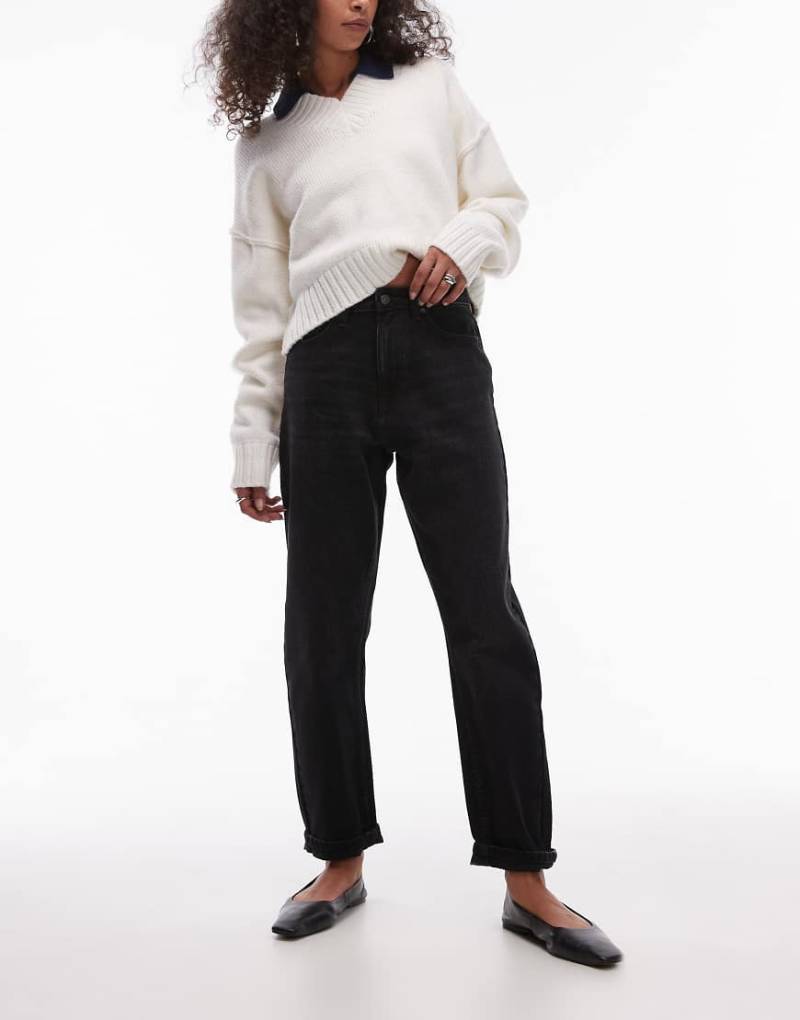 Topshop - Original - Mom-Jeans in verwaschenem Schwarz mit hohem Bund von Topshop