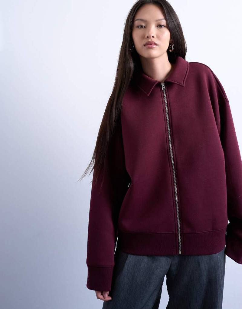 Topshop - Oversize-Jacke aus neoprenartigem Stoff in Burgunderrot mit Reißverschluss von Topshop