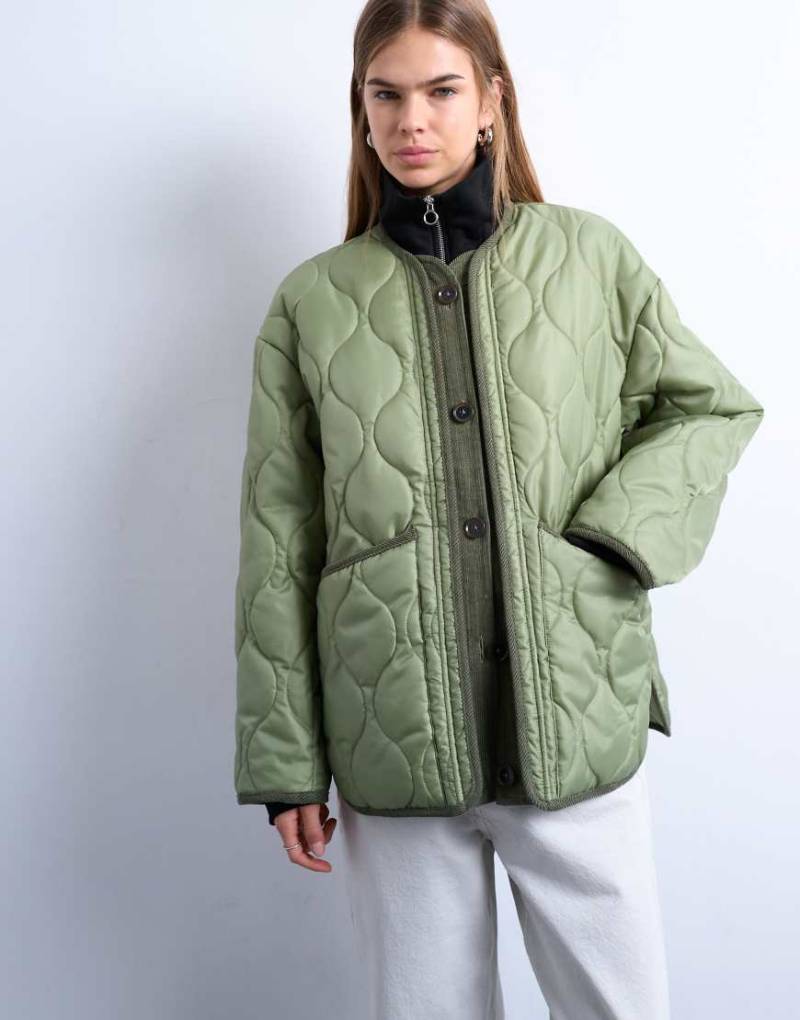 Topshop - Oversize-Jacke in zwei Khakitönen mit Futter und Knopfleiste-Grün von Topshop