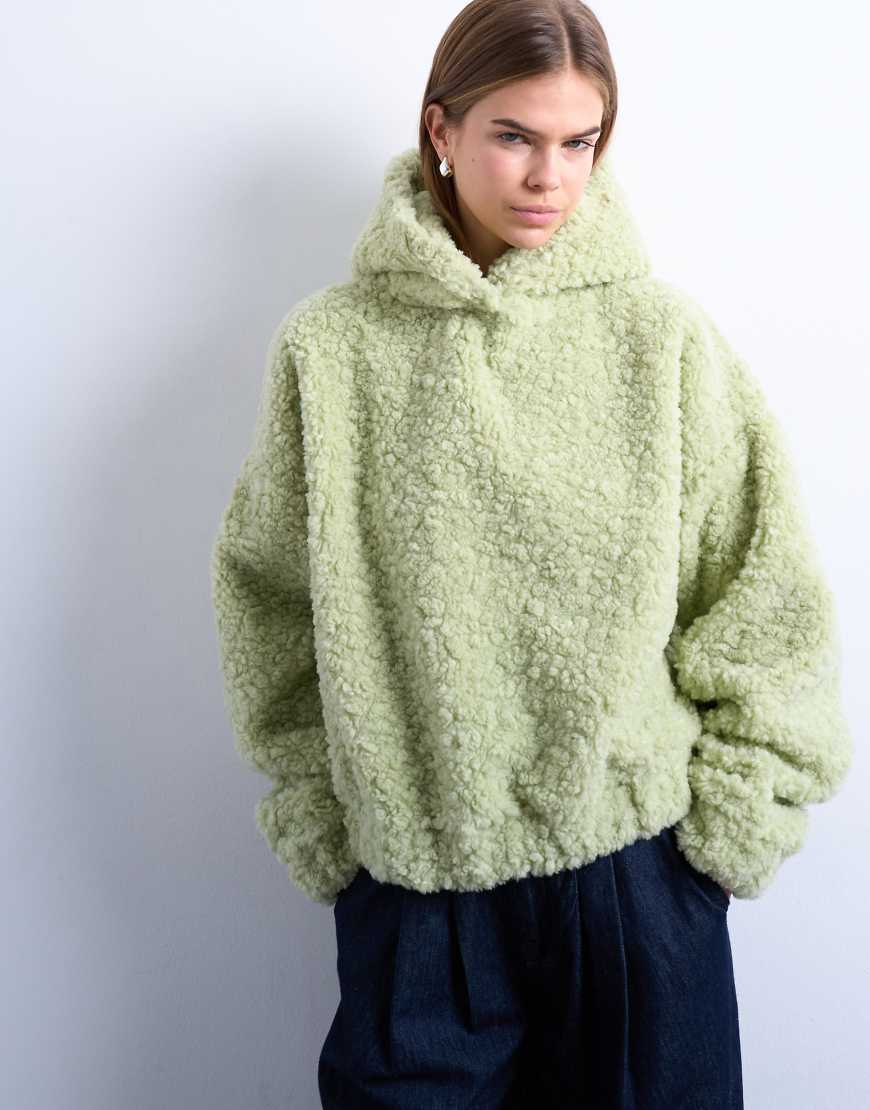 Topshop - Oversize-Kapuzenpullover aus Teddyfell in Salbeigrün von Topshop
