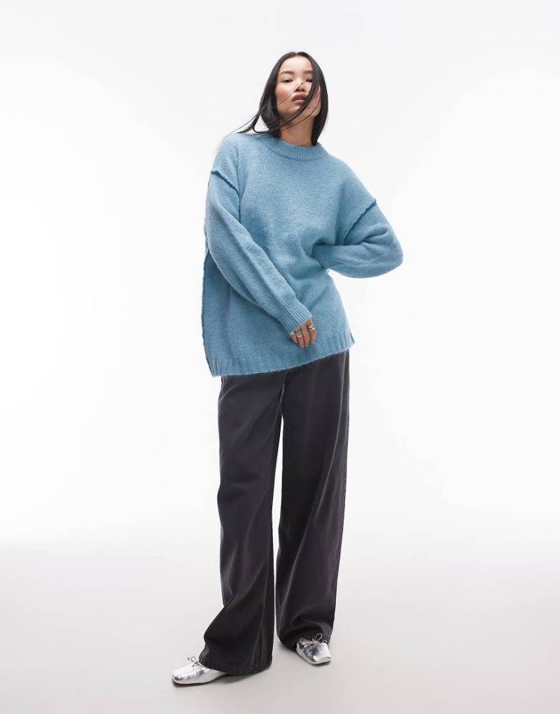 Topshop - Oversize-Strickpullover in Blau mit sichtbarer Kontrastnaht von Topshop