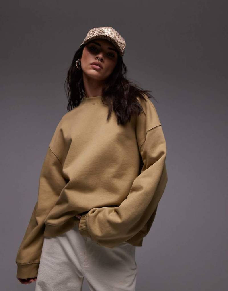 Topshop - Oversize-Sweatshirt in Beige mit Ziernaht-Grün von Topshop