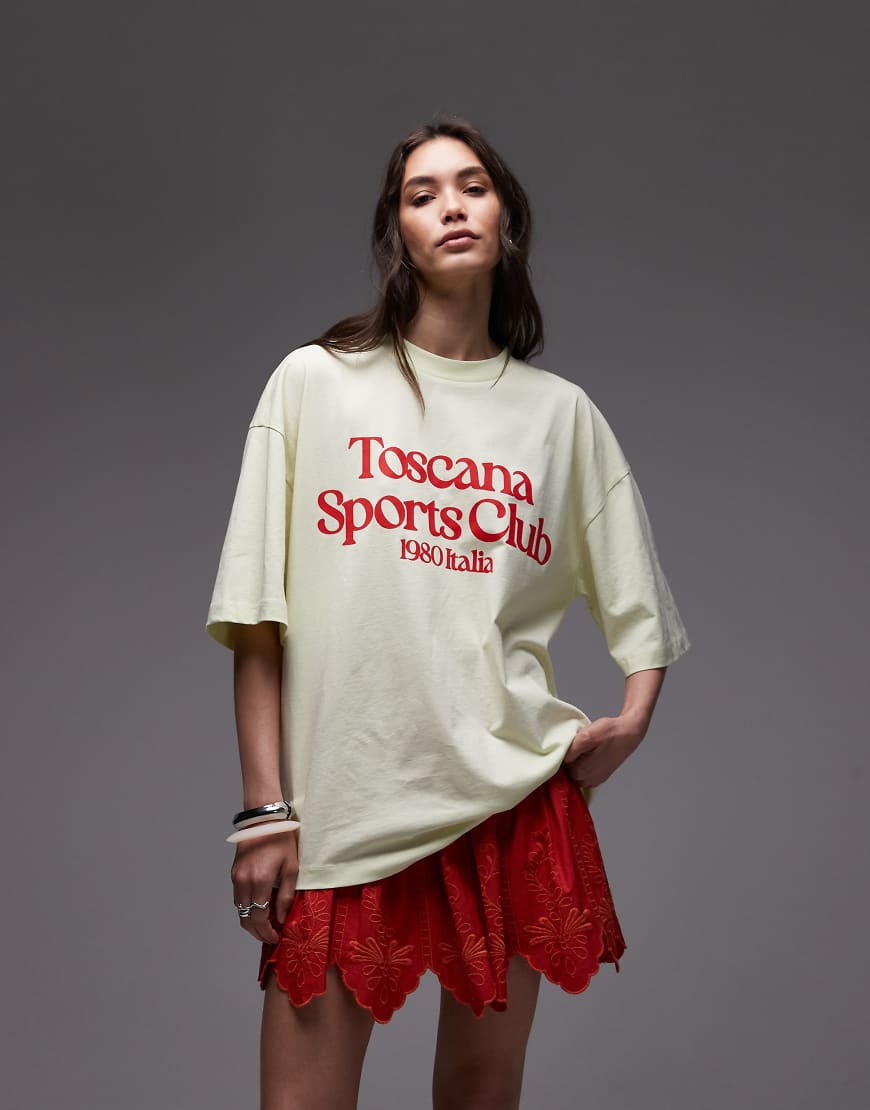 Topshop - Oversize-T-Shirt aus Jersey in Gelb mit „Toscana Sports Club"-Print-Grün von Topshop