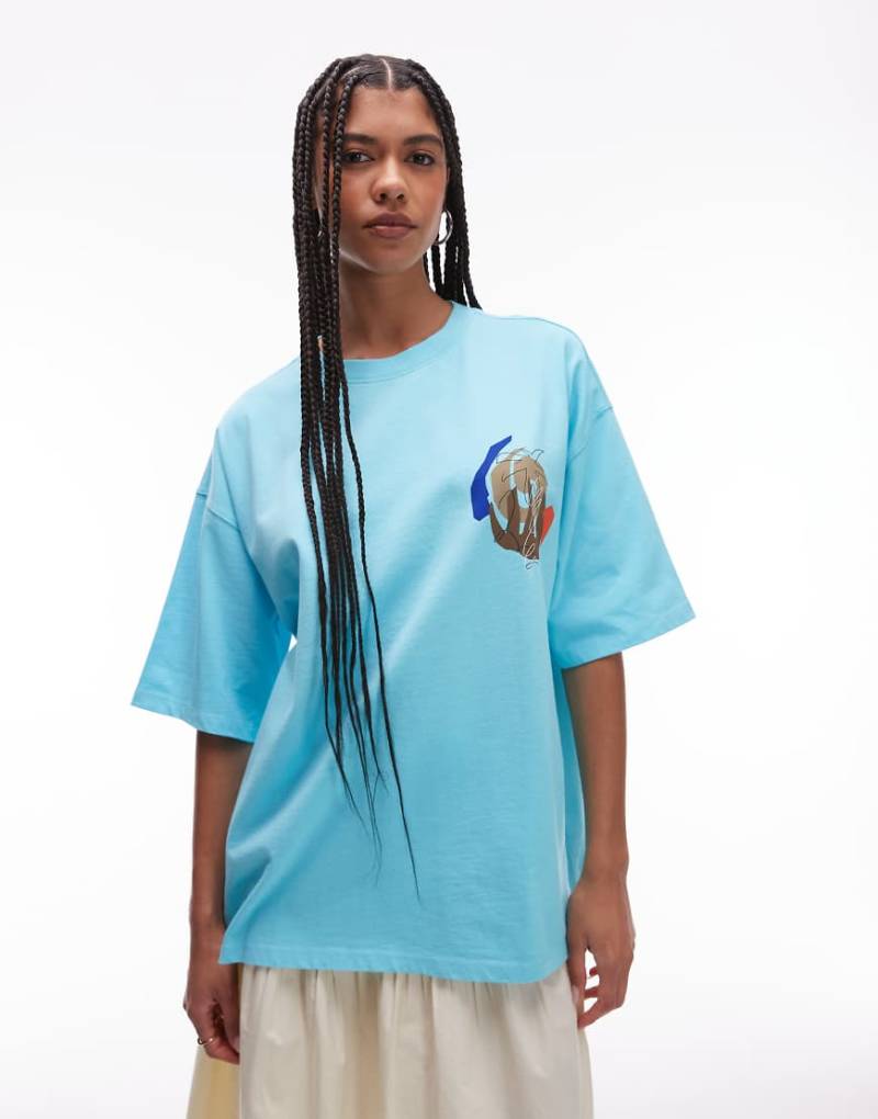 Topshop - Oversize-T-Shirt in Blau mit abstraktem Print am Rücken von Topshop