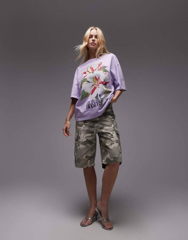 Topshop - Oversize-T-Shirt in Flieder mit Hibiskus-Grafik-Lila von Topshop