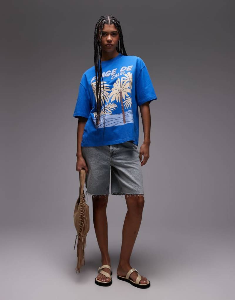 Topshop - Oversize-T-Shirt in Kobaltblau mit „Plage de Calvi"-Grafikprint von Topshop