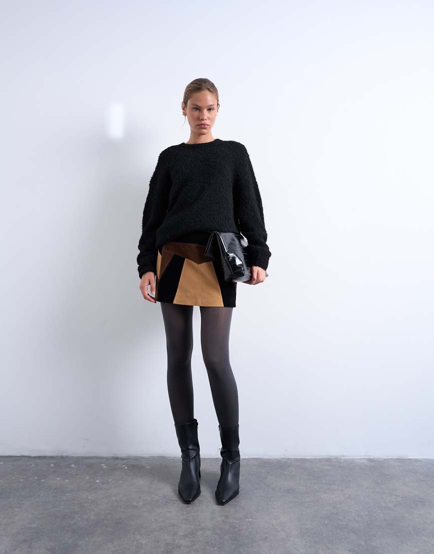 Topshop - Patchwork-Minirock aus Wildlederimitat in Braun-Brown von Topshop