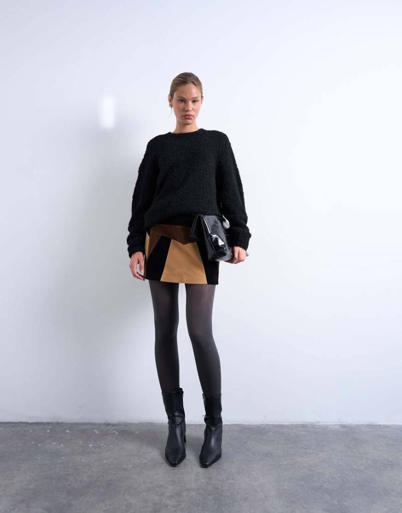 Topshop - Patchwork-Minirock aus Wildlederimitat in Braun-Brown von Topshop