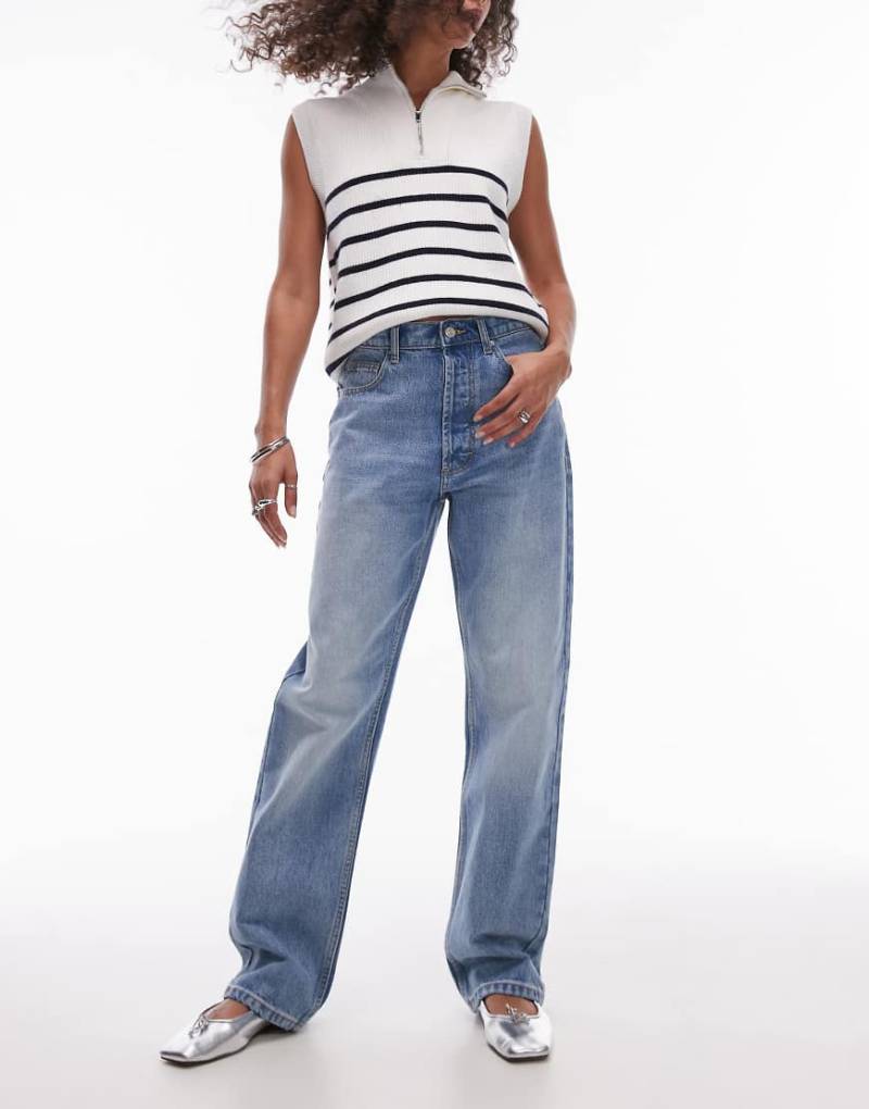 Topshop Petite - Kort - Straight Jeans in Bleach-Waschung mit hohem Bund-Blau von Topshop Petite