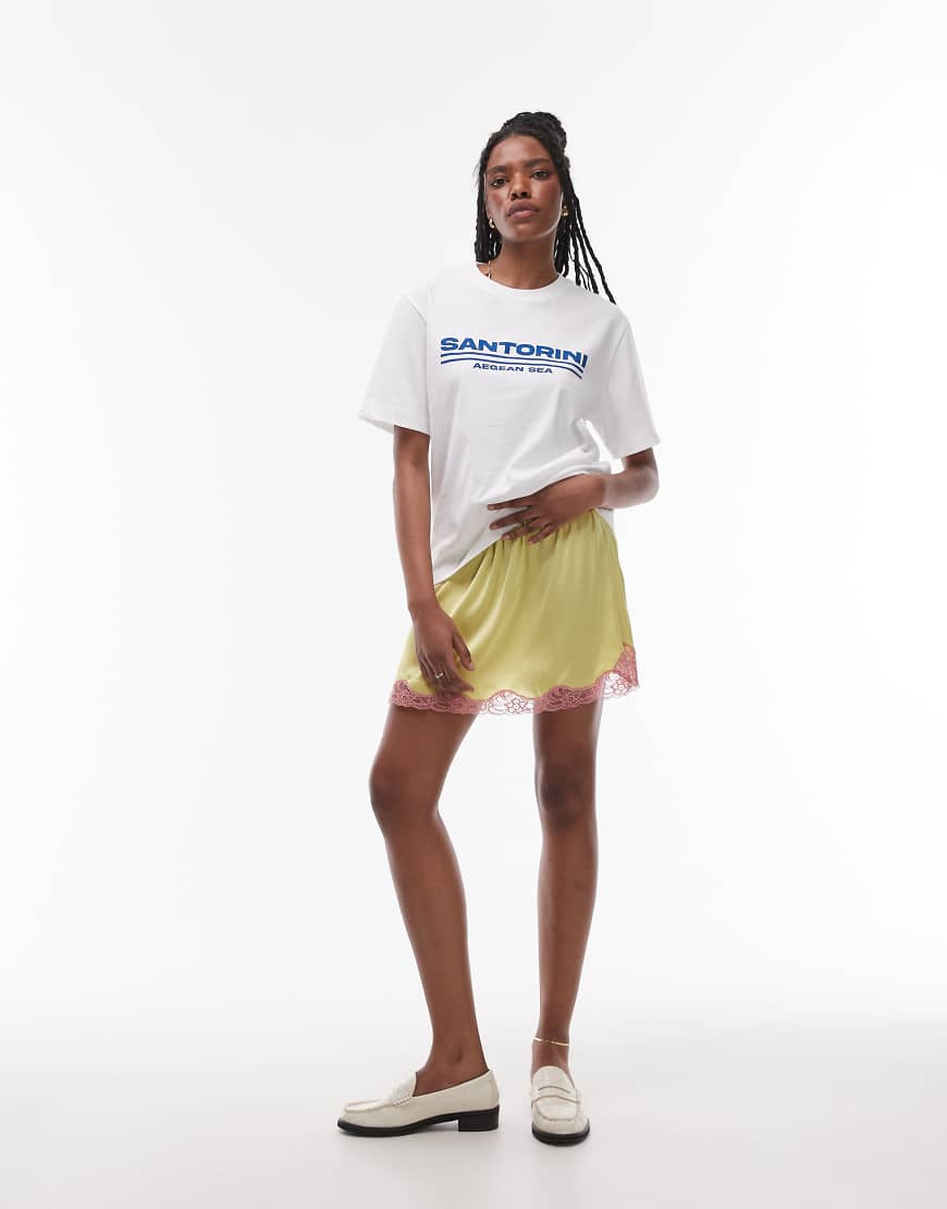 Topshop - Petticoat-Minirock aus Satin in Limette mit Spitze in Blassrosa-Grün von Topshop