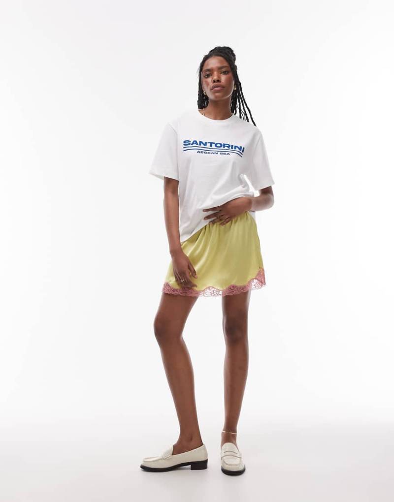 Topshop - Petticoat-Minirock aus Satin in Limette mit Spitze in Blassrosa-Grün von Topshop