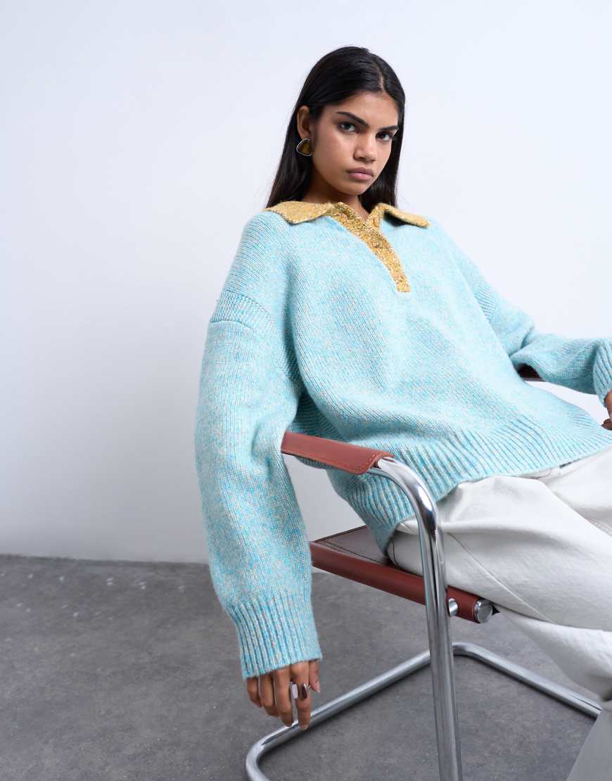 Topshop - Oversize-Strickpullover aus gezwirntem Garn in Blau mit Kontrast-Kragen von Topshop