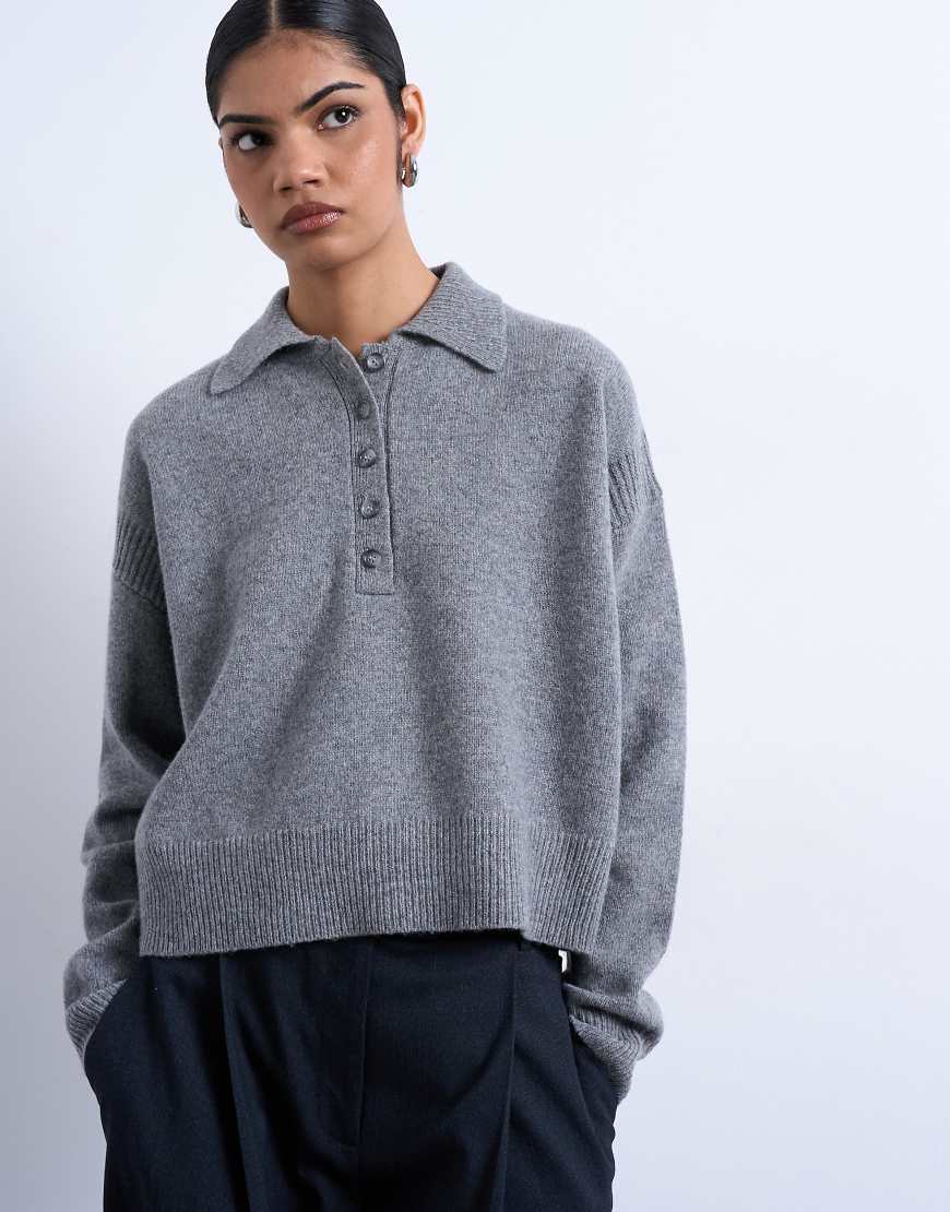 Topshop - Premium - Polo-Strickpullover aus 100% Lammwolle in Grau von Topshop