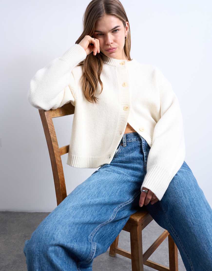 Topshop - Premium - Strickjacke aus 100% Lammwolle in Elfenbein-Weiß von Topshop