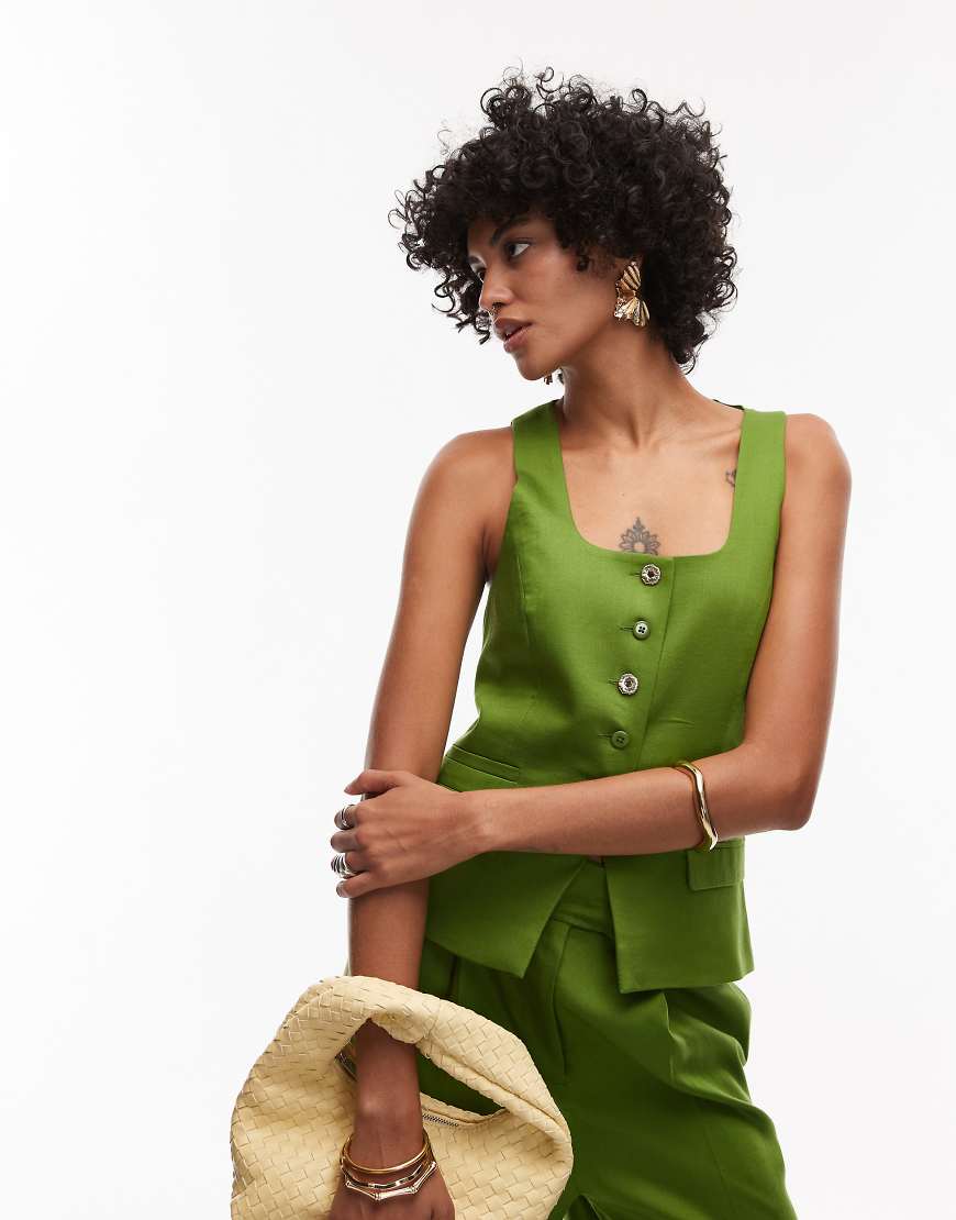 Topshop - Premium Wedding Guest Occasion - Longline-Weste in Grün mit U-Ausschnitt, Kombiteil von Topshop