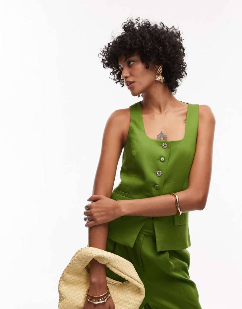 Topshop - Premium Wedding Guest Occasion - Longline-Weste in Grün mit U-Ausschnitt, Kombiteil von Topshop