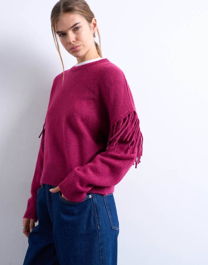 Topshop - Pullover aus Strick in Pflaume mit Fransen-Lila von Topshop