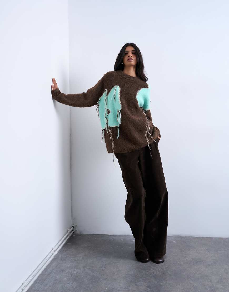 Topshop - Pullover in Schokobraun mit platziertem Blumen-Fransen-Design-Brown von Topshop