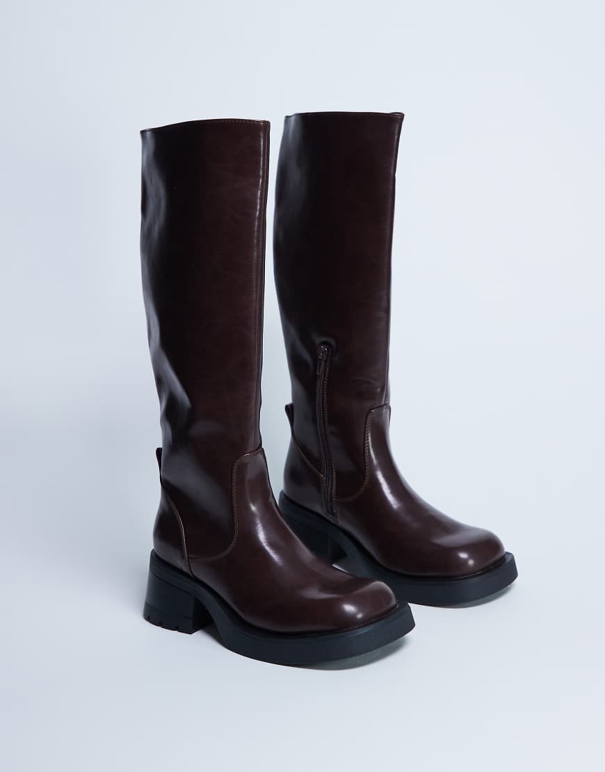 Topshop - Rachel - Kniehohe Stiefel in Schokobraun mit Absatz und dicker Sohle-Brown von Topshop