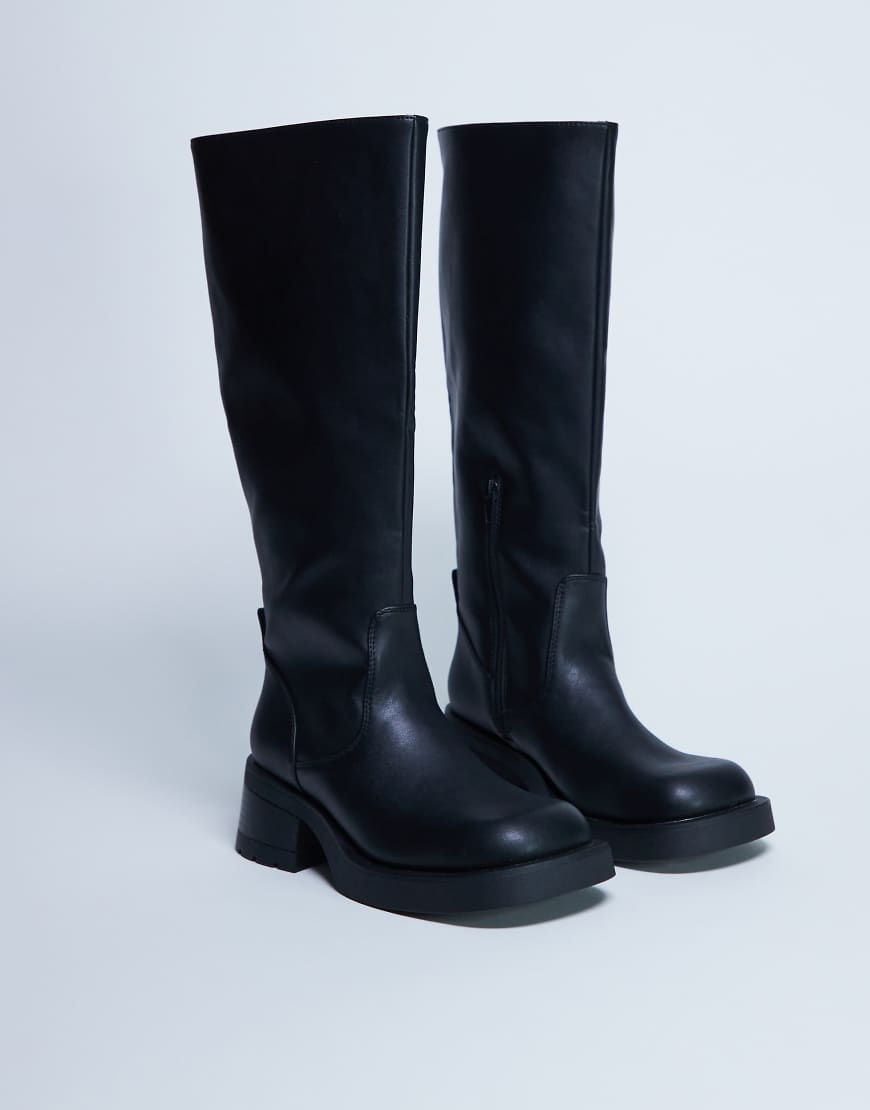 Topshop - Rachel - Kniehohe Stiefel in Schwarz mit Absatz und dicker Sohle von Topshop