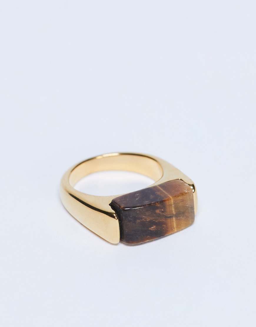 Topshop Raquel - Goldfarbener Ring aus Edelstahl mit Tigeraugen-Schmuckstein von Topshop
