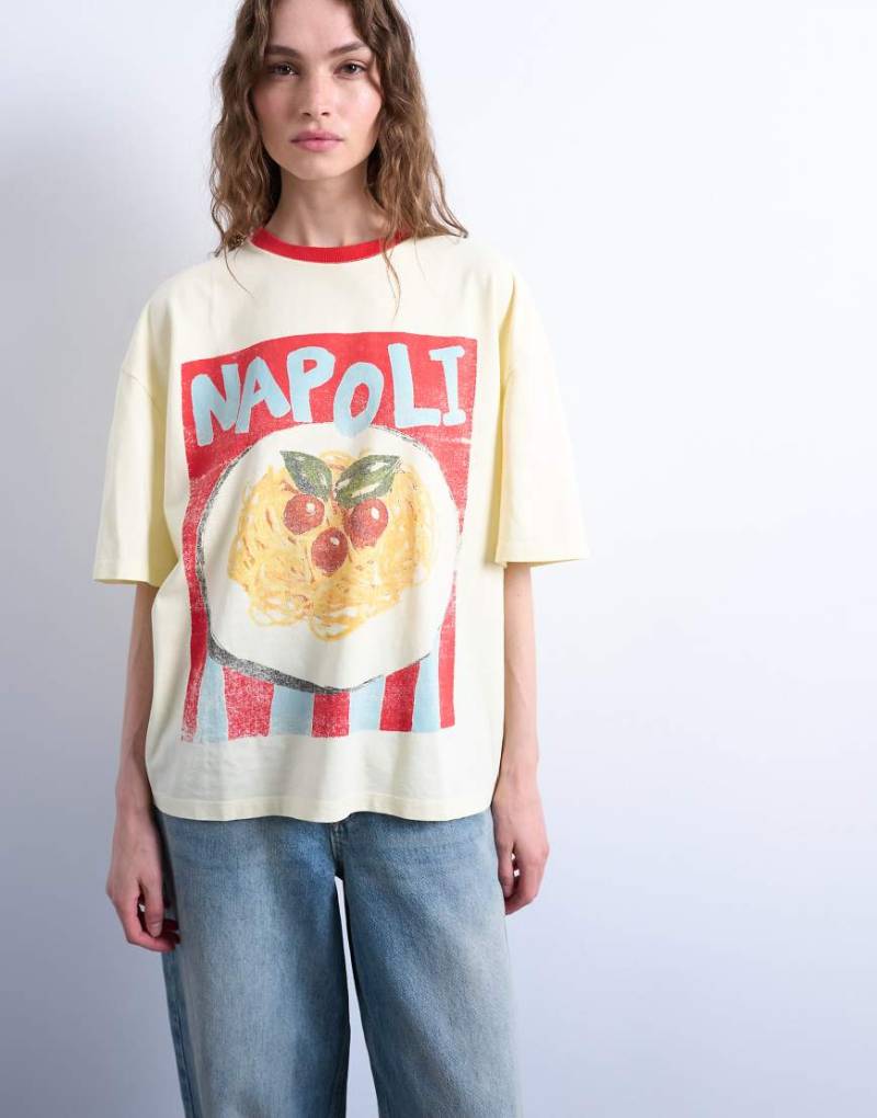 Topshop - Ringer-T-Shirt in Ecru mit Oversize-Schnitt und „Napoli"-Print-Weiß von Topshop