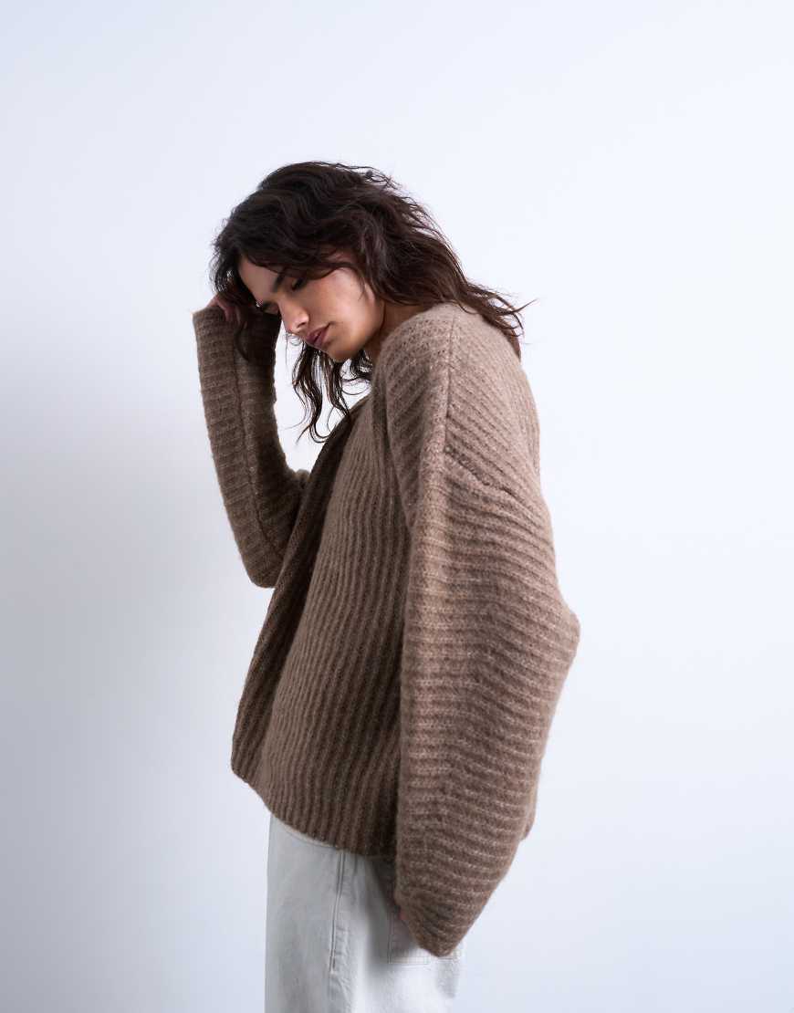 Topshop - Rippstrick-Pullover in Braun mit Ballonärmeln-Brown von Topshop
