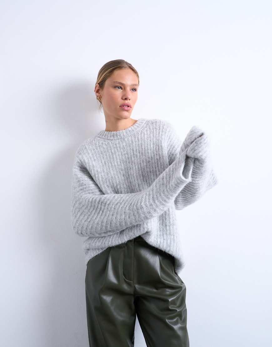 Topshop - Oversize-Pullover aus Rippstrick in Grau mit Ballonärmeln von Topshop