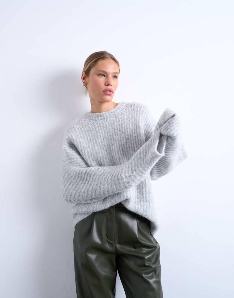 Topshop - Oversize-Pullover aus Rippstrick in Grau mit Ballonärmeln von Topshop