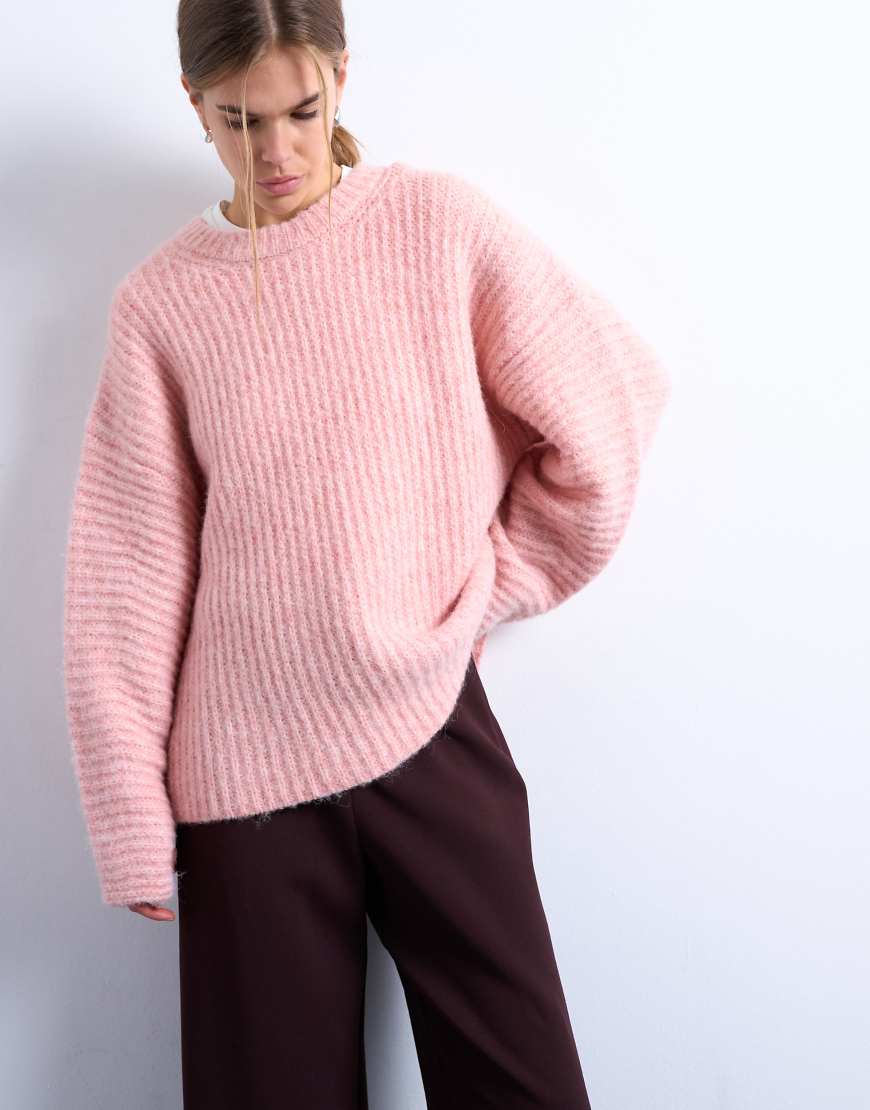 Topshop - Rippstrick-Pullover in Rosa mit Ballonärmeln von Topshop