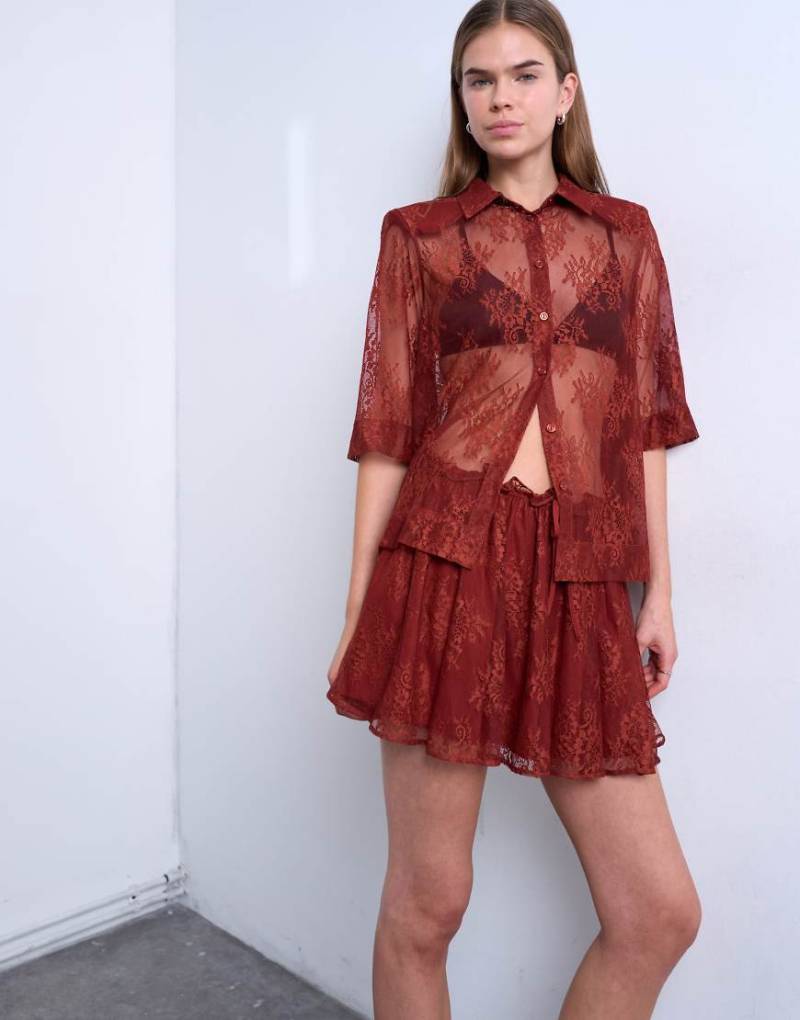 Topshop - Rock aus Spitze in Rost mit elastischem Bund, Kombiteil-Rot von Topshop