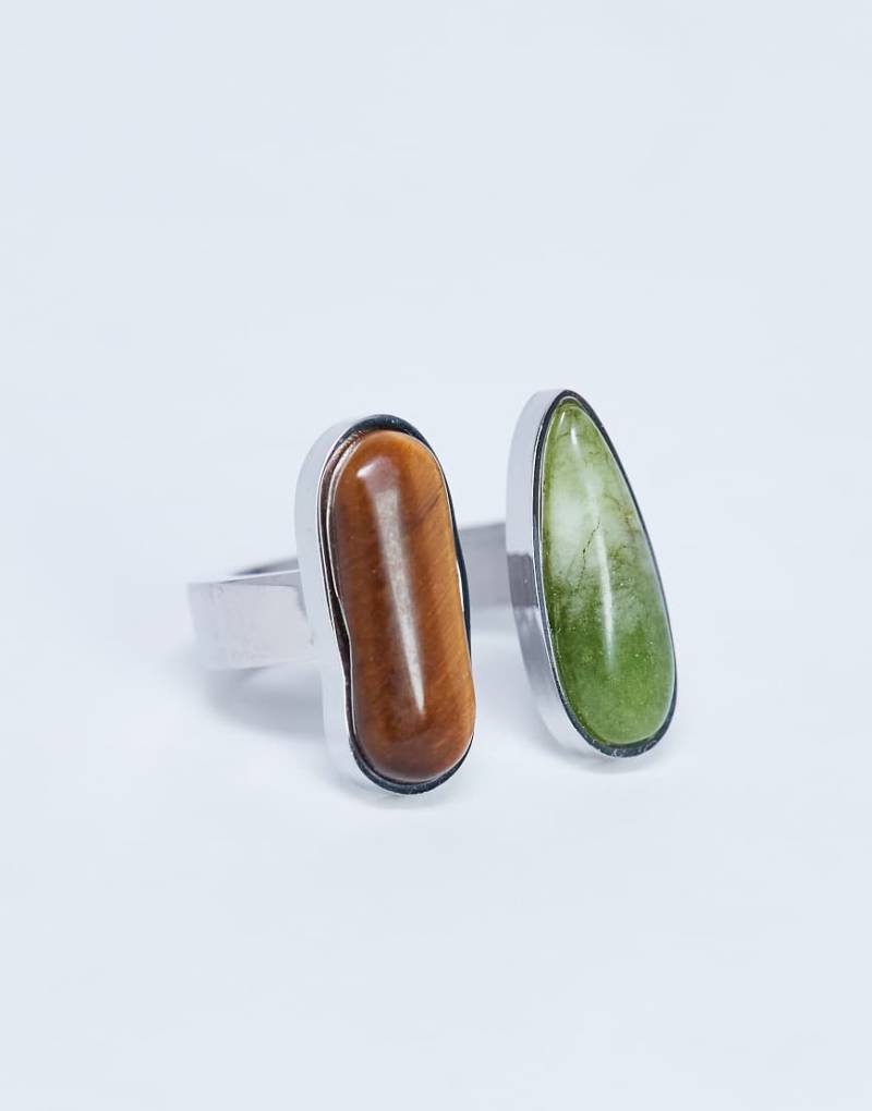 Topshop - Rosie - Ring aus Edelstahl in Silberoptik mit Halbedelsteinen in Grün und mit Tigeraugen-Optik von Topshop