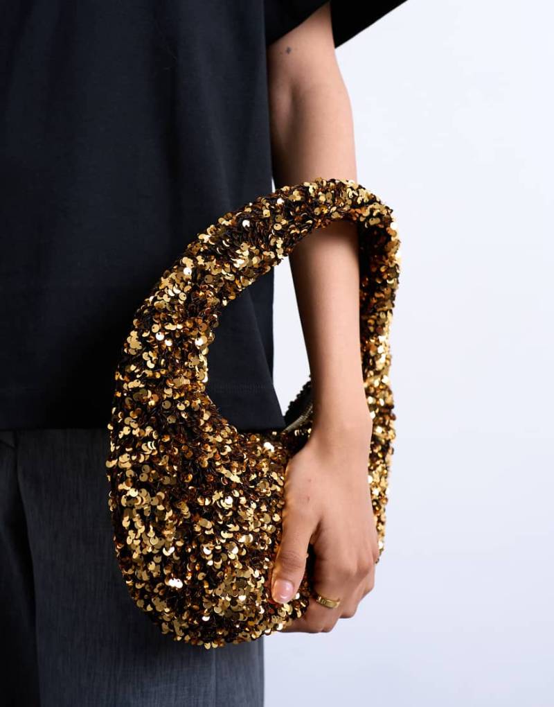 Topshop - Santana - Abgerundete Schultertasche in Gold mit Pailletten-Goldfarben von Topshop