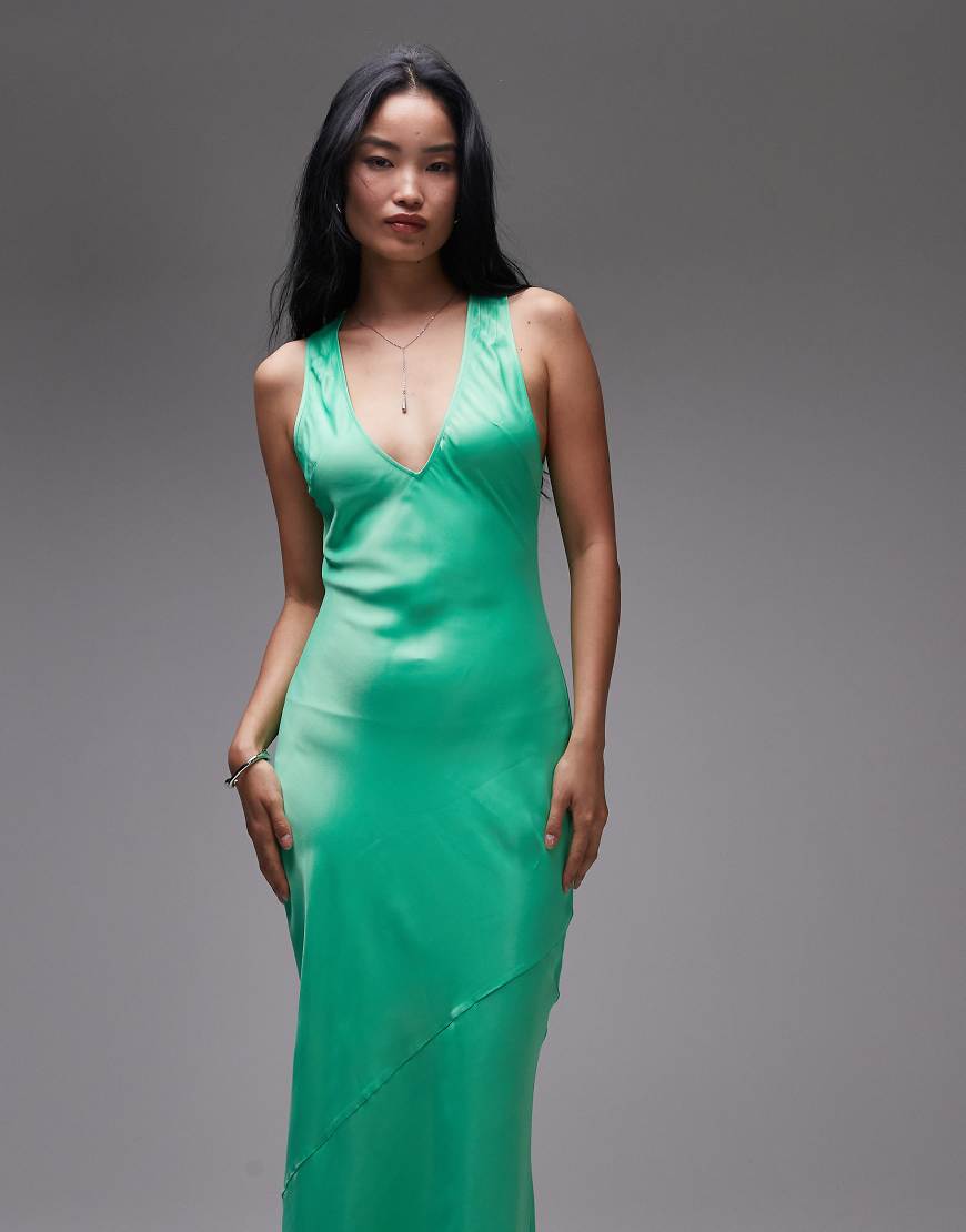 Topshop - Satin-Maxikleid in Grün mit tiefem Ausschnitt von Topshop