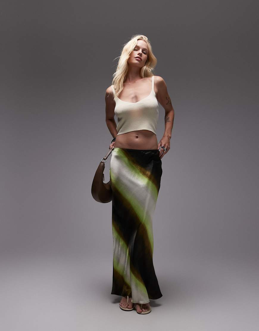 Topshop - Satin-Maxirock mit Schrägschnitt und limettengrünen Ombré-Streifen Topshop - Satin-Maxirock mit Schrägschnitt und limettengrünen Ombré-Streifen von Topshop