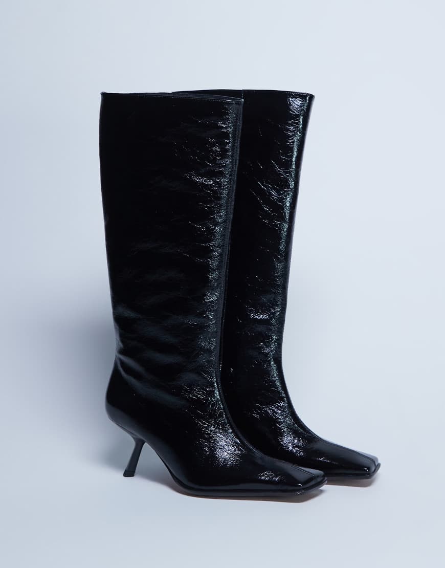 Topshop - Scarlett - Hochwertige, kniehohe Stiefel aus hochwertigem Leder in Schwarz mit eckiger Zehenpartie von Topshop