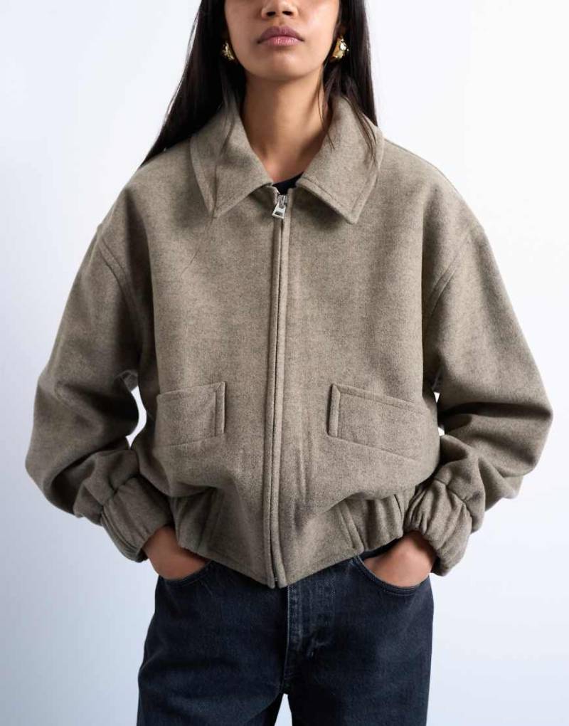 Topshop - Schlichte Cropped-Bomberjacke in Taupe mit Wollanteil und Steppfutter-Neutral von Topshop