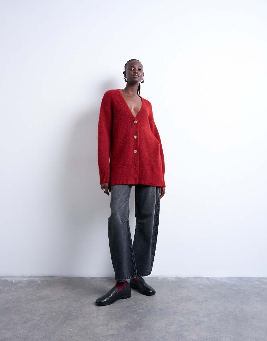 Topshop - Boyfriend-Strickjacke mit Longline-Schnitt in Rot mit Oversize-Passform von Topshop