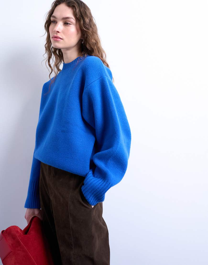 Topshop - Schlichter Grobstrick-Pullover in Blau mit Rundhalsausschnitt von Topshop