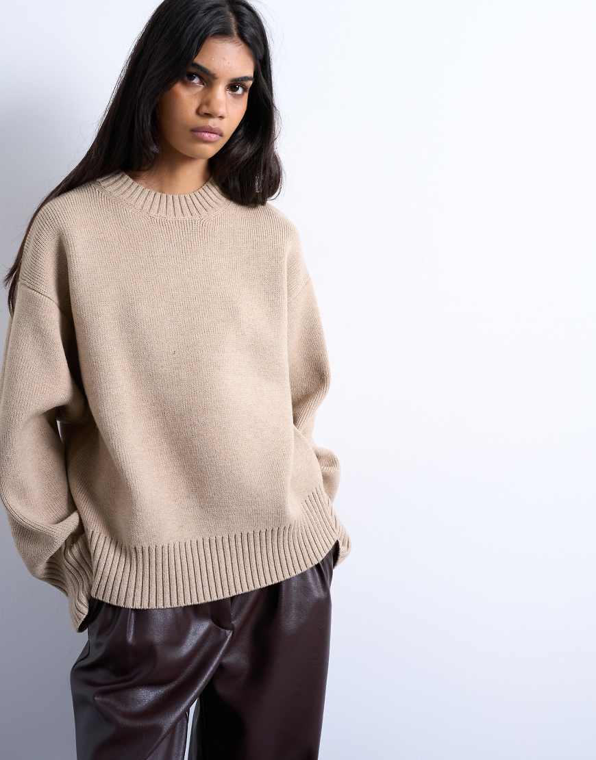 Topshop - Schlichter Grobstrick-Pullover in Haferbeige mit Rundhalsausschnitt-Neutral von Topshop